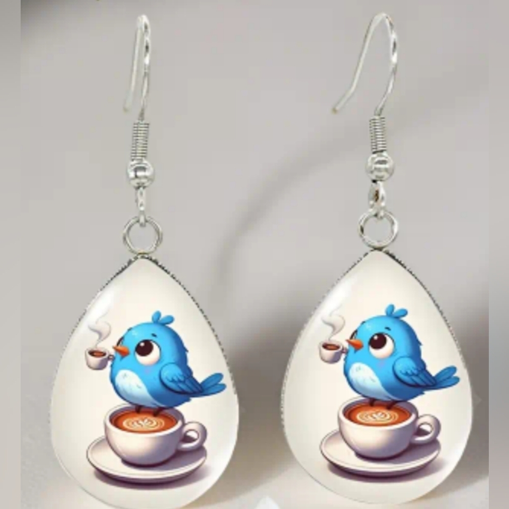 Animal Print Cute Animated Blue‎ Bird Dangling Gift Earrings-(#0213)